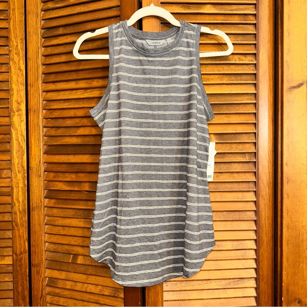 NWT Athleta Breezy Tank, heather gray and white stripe, flowy A-line, size S